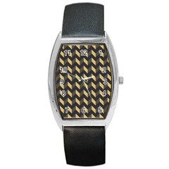 Tan Gray Modern Retro Chevron Patchwork Pattern Tonneau Leather Watch by GardenOfOphir