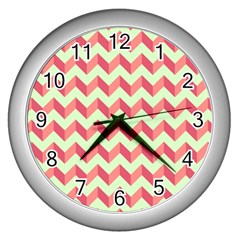 Mint Pink Modern Retro Chevron Patchwork Pattern Wall Clock (silver) by GardenOfOphir