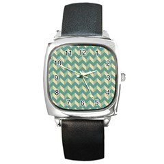 Mint Modern Retro Chevron Patchwork Pattern Square Leather Watch by GardenOfOphir