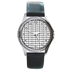 Gray And White Leaf Pattern Round Leather Watch (silver Rim) by GardenOfOphir