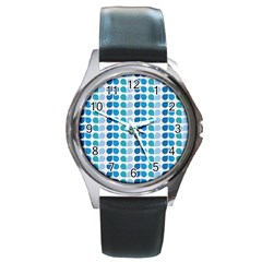 Blue Green Leaf Pattern Round Leather Watch (silver Rim) by GardenOfOphir