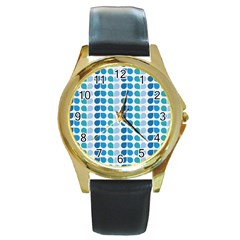 Blue Green Leaf Pattern Round Leather Watch (gold Rim)  by GardenOfOphir