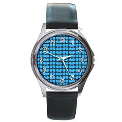 Blue Gray Leaf Pattern Round Leather Watch (silver Rim) by GardenOfOphir