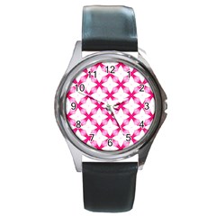 Cute Pretty Elegant Pattern Round Leather Watch (Silver Rim)