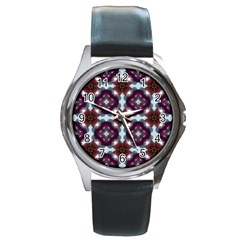 Cute Pretty Elegant Pattern Round Leather Watch (Silver Rim)