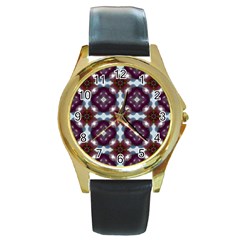 Cute Pretty Elegant Pattern Round Leather Watch (Gold Rim) 