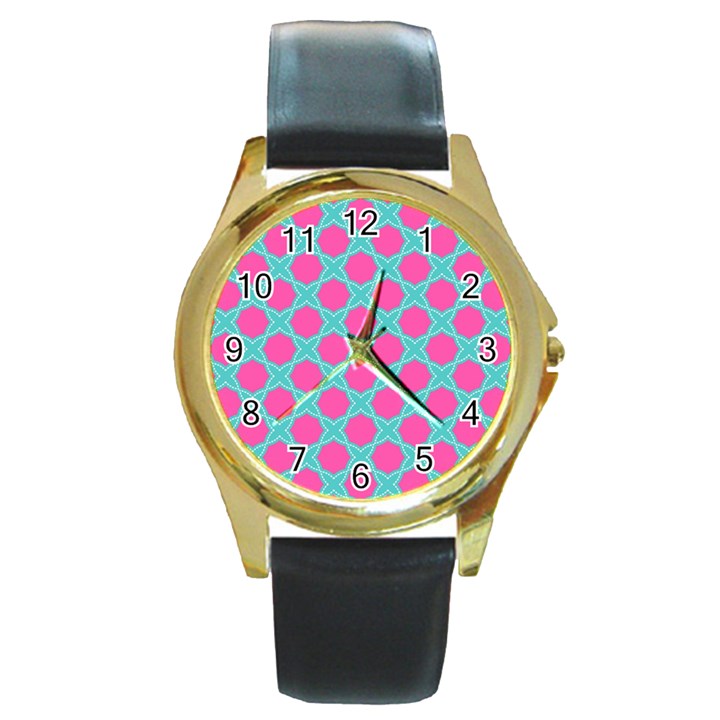 Cute Pretty Elegant Pattern Round Leather Watch (Gold Rim) 