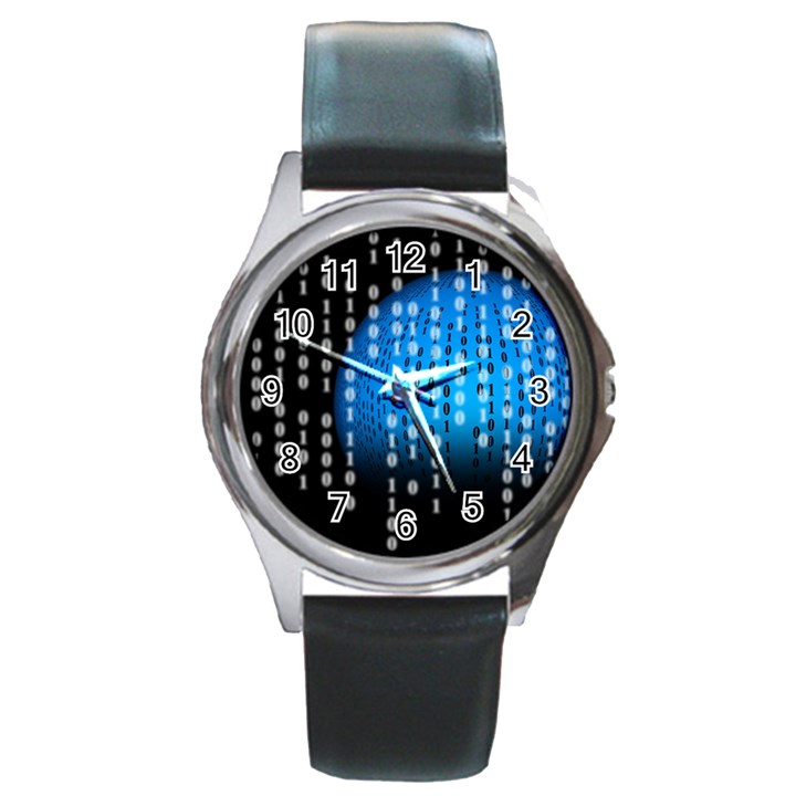 Binary Rain Round Leather Watch (Silver Rim)