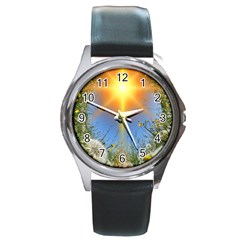 Dandelions Round Leather Watch (silver Rim)