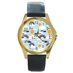 Be Happy Repeat Round Leather Watch (Gold Rim) 