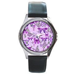 Purple Awareness Butterflies Round Leather Watch (silver Rim) by FunWithFibro