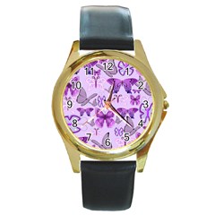 Purple Awareness Butterflies Round Leather Watch (gold Rim)  by FunWithFibro