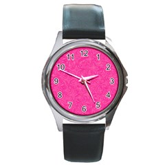 Abstract Stars In Hot Pink Round Leather Watch (silver Rim)