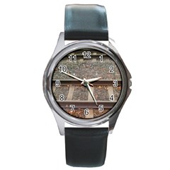 Railway Track Train Round Leather Watch (silver Rim)