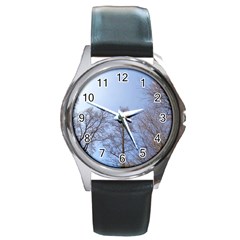 Large Trees In Sky Round Leather Watch (silver Rim)