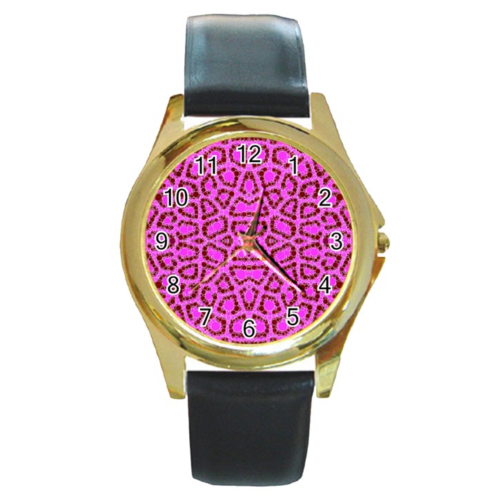 Florescent Pink Animal Print  Round Leather Watch (Gold Rim) 