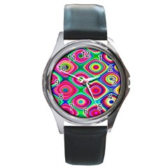 Psychedelic Checker Board Round Leather Watch (silver Rim)