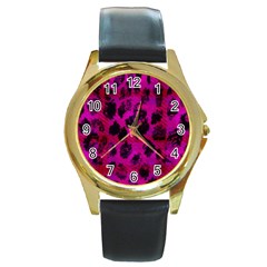Pink Leopard Round Leather Watch (gold Rim)  by ArtistRoseanneJones