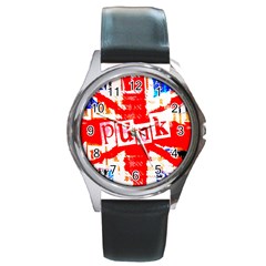 Punk Union Jack Round Leather Watch (Silver Rim)