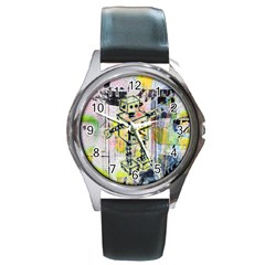 Graffiti Graphic Robot Round Leather Watch (Silver Rim)