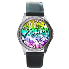 Rainbow Scene Kid Sketches Round Leather Watch (silver Rim) by ArtistRoseanneJones