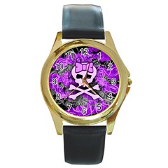 Purple Girly Skull Round Leather Watch (gold Rim) 