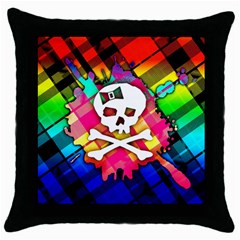 Rainbow Plaid Skull Black Throw Pillow Case