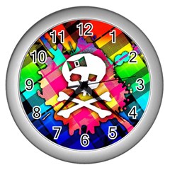 Rainbow Plaid Skull Wall Clock (silver)