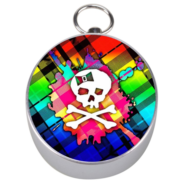 Rainbow Plaid Skull Silver Compass
