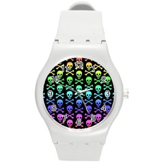 Rainbow Skull And Crossbones Pattern Plastic Sport Watch (medium) by ArtistRoseanneJones