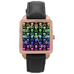 Rainbow Skull And Crossbones Pattern Rose Gold Leather Watch  by ArtistRoseanneJones