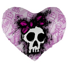 Sketched Skull Princess Large 19  Premium Flano Heart Shape Cushion by ArtistRoseanneJones