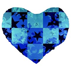 Blue Star Checkers Large 19  Premium Flano Heart Shape Cushion by ArtistRoseanneJones