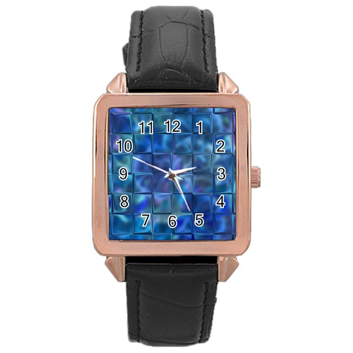 Blue Squares Tiles Rose Gold Leather Watch 