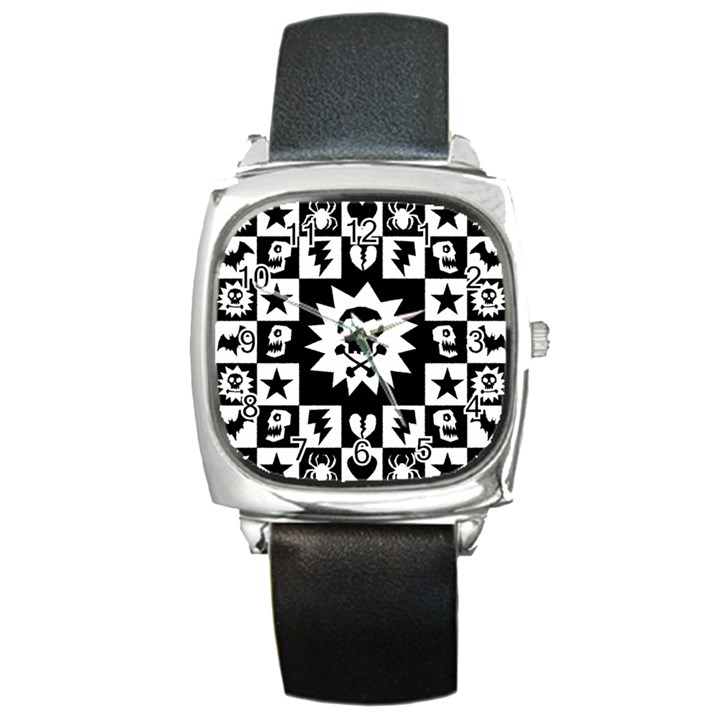 Goth Punk Skull Checkers Square Leather Watch