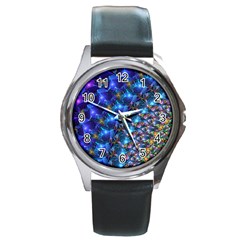 Blue Sunrise Fractal Round Metal Watch