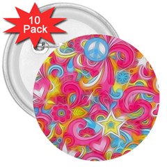 Hippy Peace Swirls 3  Button (10 Pack) by KirstenStar