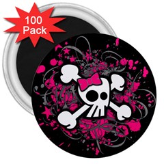 Girly Skull And Crossbones 3  Button Magnet (100 Pack) by ArtistRoseanneJones