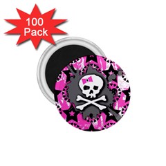 Pink Bow Skull 1 75  Button Magnet (100 Pack) by ArtistRoseanneJones