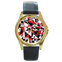 Shattered Life Tricolor Round Leather Watch (gold Rim)  by StuffOrSomething