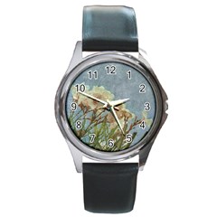 Floral Grunge Vintage Photo Round Leather Watch (silver Rim) by dflcprints