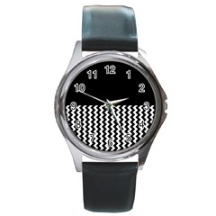 Blackandwhitechevron6000 Round Metal Watches by ElenaIndolfiStyle