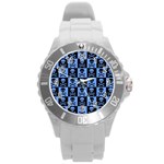 Blue Skull Checkerboard Round Plastic Sport Watch (L) Front