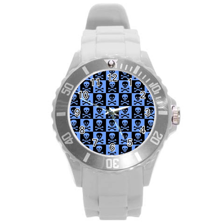 Blue Skull Checkerboard Round Plastic Sport Watch (L)