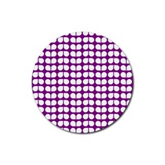 Purple And White Leaf Pattern Rubber Coaster (round)  by GardenOfOphir