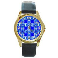 Retro Blue Pattern Round Gold Metal Watches by ImpressiveMoments