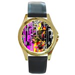 Abstract City View Round Gold Metal Watches Front