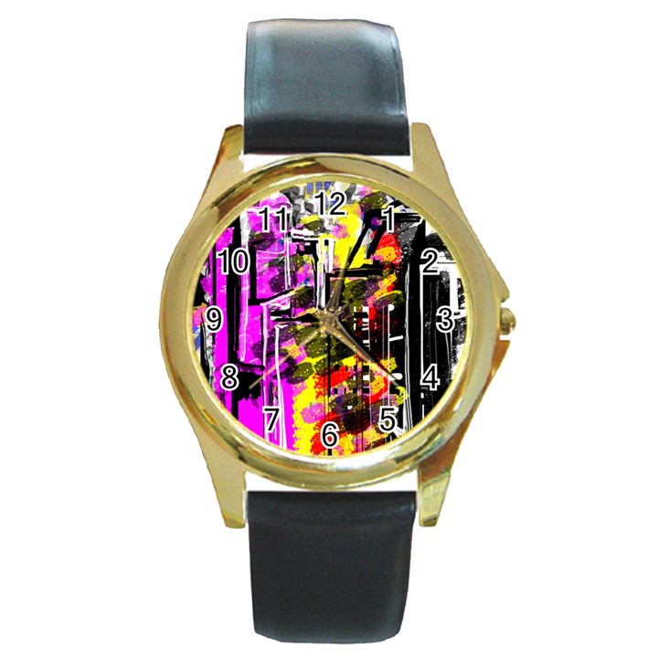 Abstract City View Round Gold Metal Watches