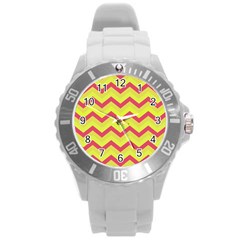 Chevron Yellow Pink Round Plastic Sport Watch (l) by ImpressiveMoments