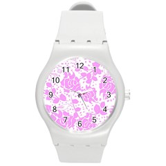 Floral Wallpaper Pink Round Plastic Sport Watch (m) by ImpressiveMoments